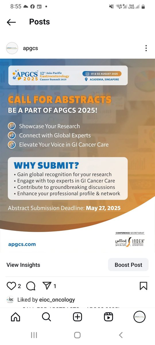 📢 Final call! Submit your abstract for #APGCS2025 by 27 May 2025 🗓

📍 Academia, Singapore
🗓 1–2 August 2025

Present your GI cancer research to a global audience.

Submit now: shorturl.at/FHyS1

#GIOncology #CallForAbstracts #OncologyResearch #MedicalConference