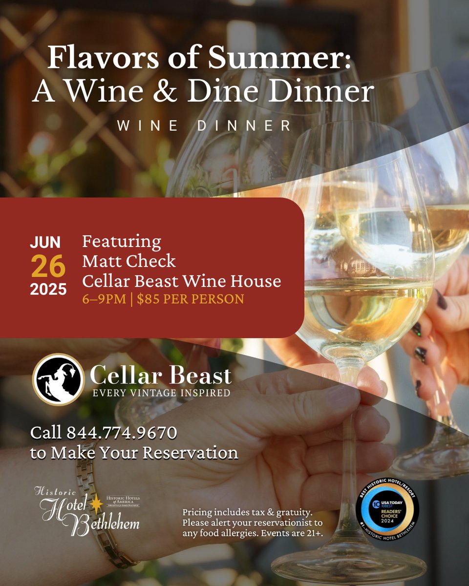 Sunshine and summer tastes! ☀️Join us for our June Wine Dinner, exploring the collection of Cellar Beast Wine House — featuring a delicious menu by Executive Chef Rodney Rivera! 🍷

Call (844) 774-9670 to make your reservation. View the full details at hotelbethlehem.com/special-events… ✨
