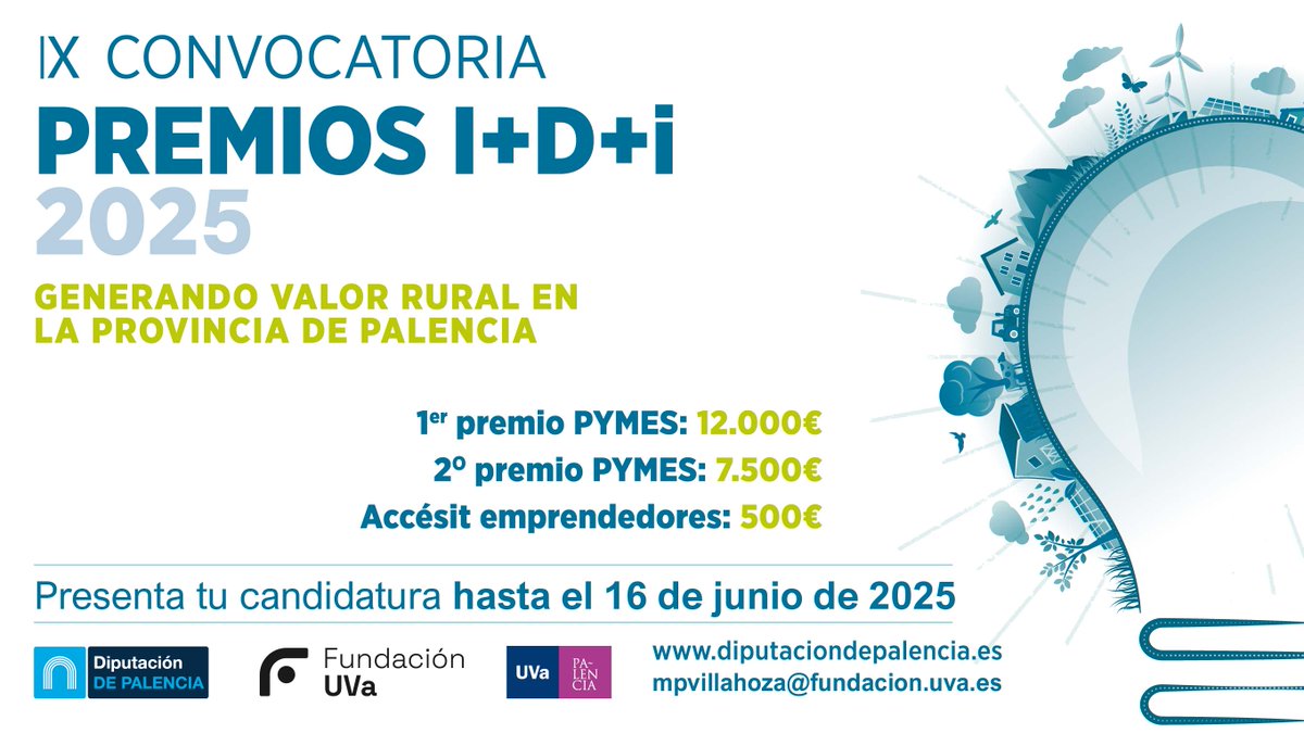 📢Atención pymes y emprendedores de Palencia‼️

Abierto el plazo para presentarse a los IX Premios a proyectos de I+D+i ‘Generando valor rural en la provincia de Palencia’.

🥇12.000 €
 🥈7.500 €
🏆Accésit honorífico: 500 €

📤Fin plazo: 16/06
 🔗Bases: acortar.link/tKoPcV