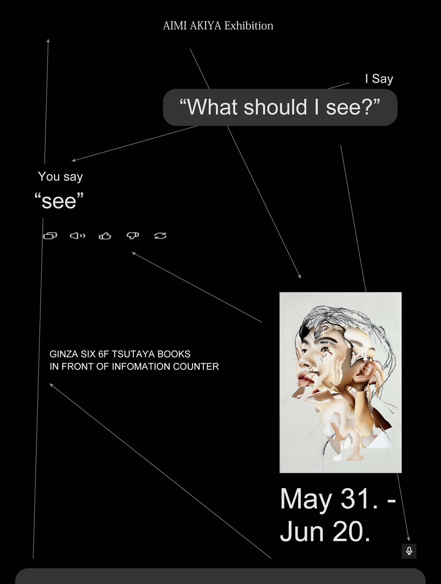 【展示のお知らせ】

會見明也 展示
「 I say “What should I see”, you say “see” 」

銀座 蔦屋書店 インフォメーションカウンター前
2025年05月31日(土) - 06月20日(金)
