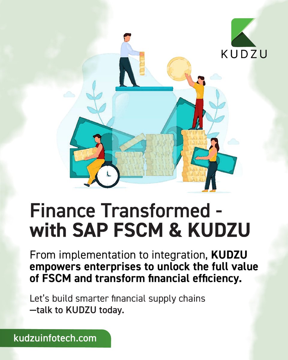 kudzu_infotech's tweet photo. Discover how KUDZU can assist in implementing and optimizing SAP FSCM to unlock smarter, faster financial decision-making.
#SmartFinance #SAPFSCM #FinancialClarity #FutureReadyFinance https://t.co/Xw25eDIagV