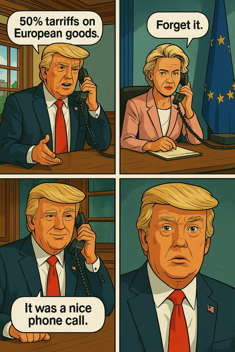 JOP_1985's tweet image. In an age where power is performance, a tariff is just a tweet with paperwork.

Trump plays poker with a deck of Uno cards.
Von der Leyen folds reality back into diplomacy.

The call was nice. The world, less so.

#TrumpGPT #GeopoliticsAsTheatre #JoSatiricoStyle #TradeTantrums