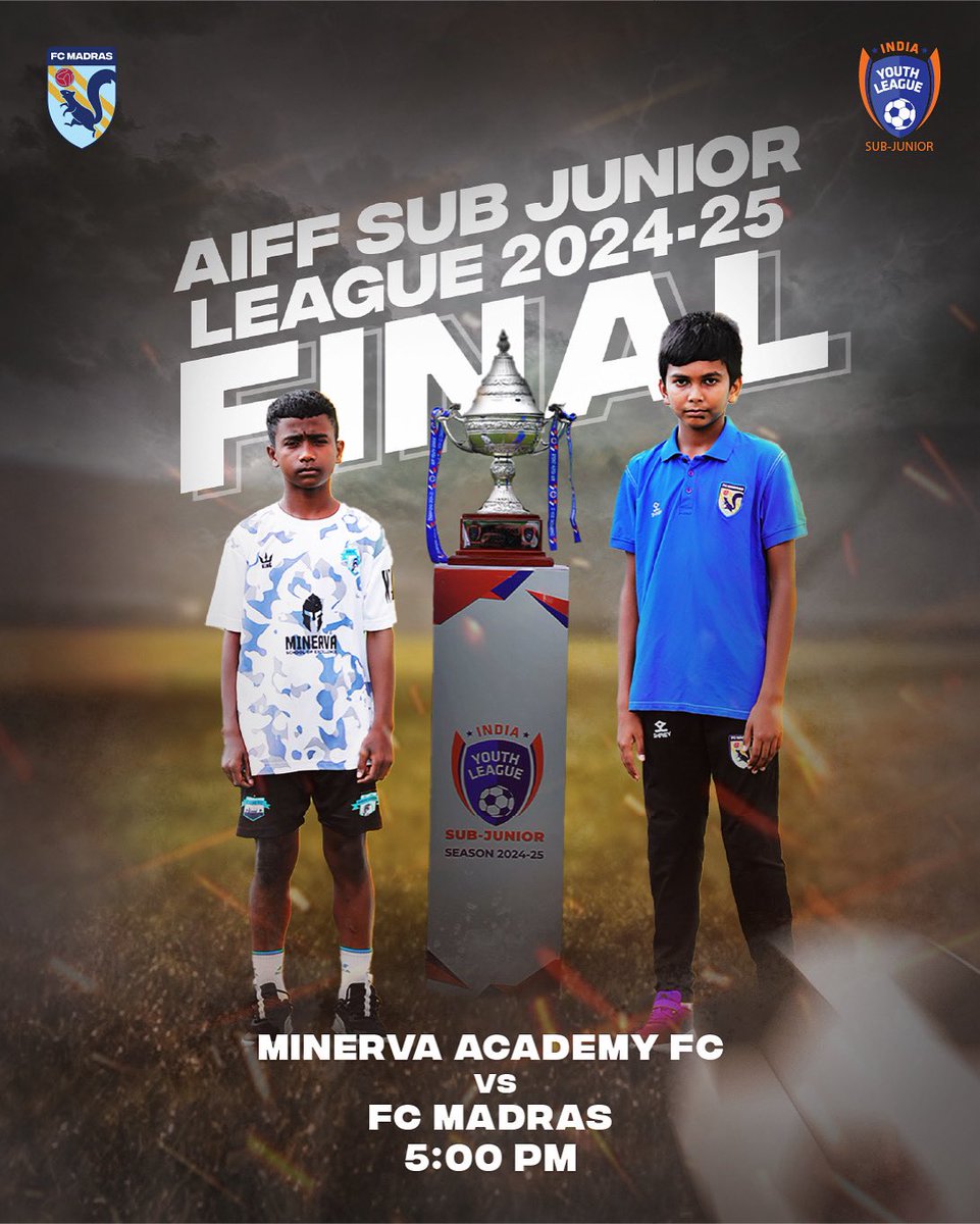 fcmadras's tweet photo. This is it.
The final test. The biggest stage. One game to make it count.
Minerva FC vs FC Madras โ AIFF Sub Junior League Final.
#FCMadras #AIFF #FCM #FlyingSquirrels #ChampionsForLife #WinningTogether #MadeInMadras
#AIFFYouthLeague #AIFFSubJuniorLeague https://t.co/AyMeUnEoZz