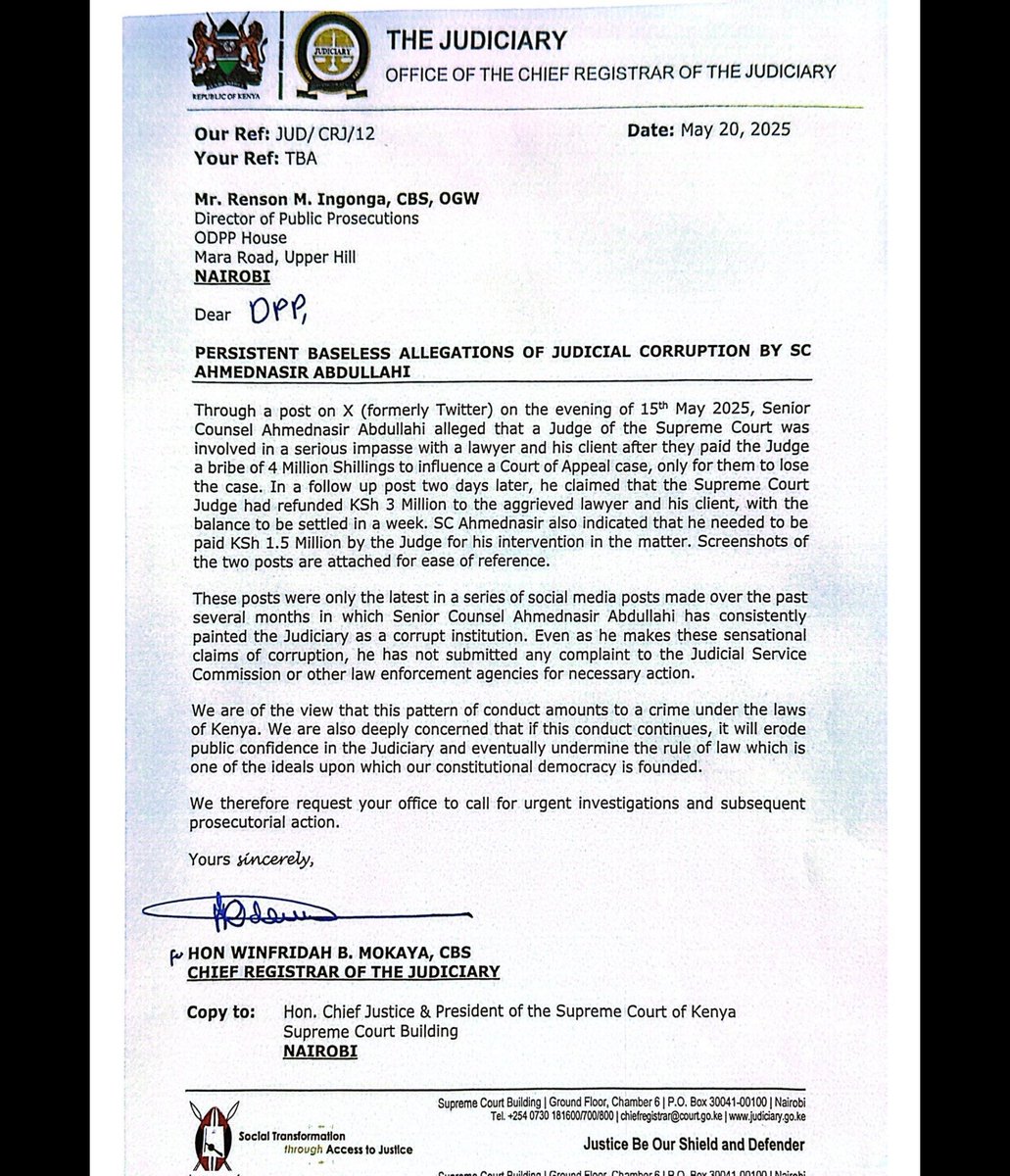 ahmednasirlaw's tweet photo. I'm asking the Directorate of Criminal investigation @DCI_Kenya and the Judicial Service Commission to investigate who authored and signed this letter on behalf of the Registrar of the judiciary. Was the letter authored and signed by the Office of the Chief Justice? WAKORA!!! https://t.co/YA4yNhw9Yt