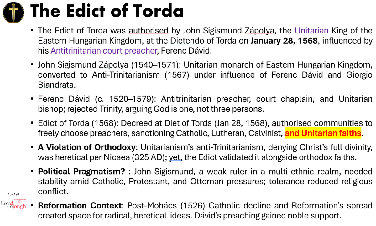 LloydDeJongh's tweet image. The Edict of Torda (1568) validated Unitarianism’s anti-Trinitarianism (a heresy), modelled on tawhid (Quran 112:4) in Ottoman-influenced Hungary. Islamic theological impact on Reformation ideas was widespread. #EdictOfTorda #Unitarianism #IslamicInfluence #Reformation