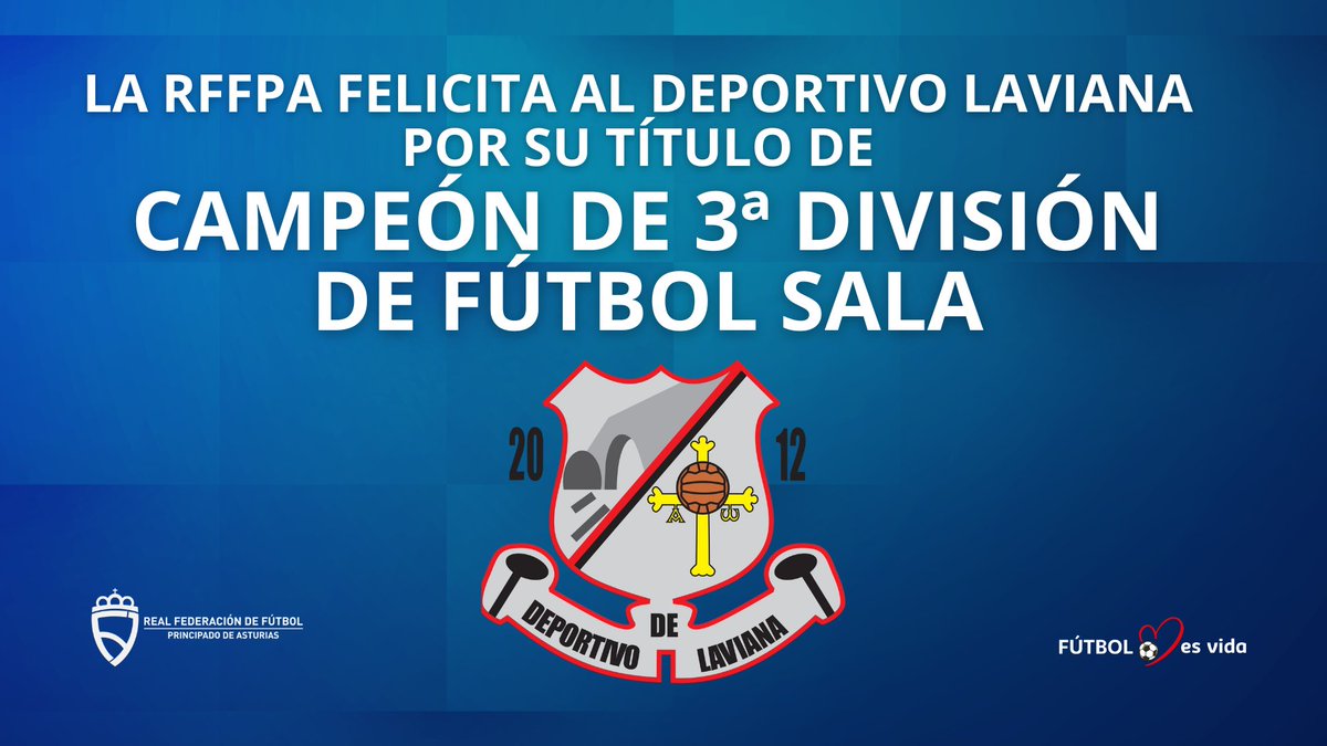 asturfutbol's tweet photo. Desde la  @asturfutbol  queremos felicitar al @Dep_Laviana_FS  por su extraordinario título de Campeón de la 3ª División de Fútbol Sala https://t.co/MwNOQ6zdZB