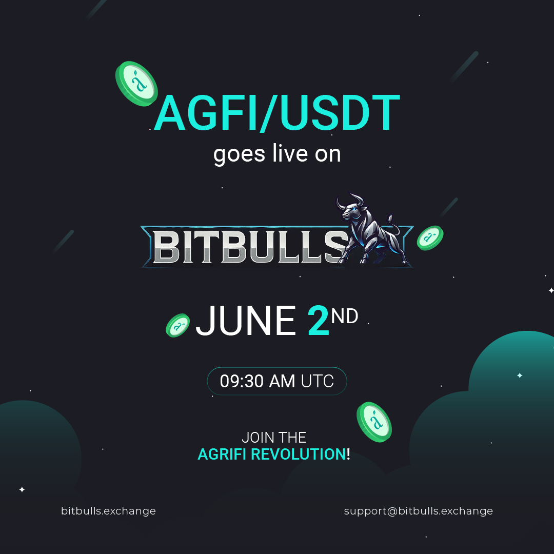 Agrifi_official's tweet photo. Big news! The AGFI Token is officially launching on Bitbulls Exchange on June 2 at 09:30 AM UTC.
Mark your calendars for this revolutionary step in blockchain-powered agriculture. Transparent. Secure. Decentralized.
#AGFI #bitbulls #tokenlisting #cryptolaunch #agfitoken #agfiusdt https://t.co/JToArJrPCP