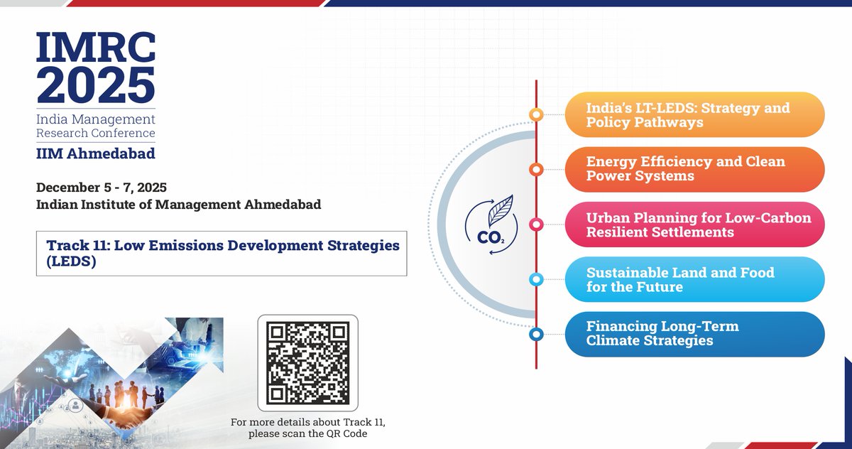 IIMAhmedabad's tweet image. At #IMRC2025, the track on Low Emissions Development Strategies (#LEDS) is dedicated to advancing research and practice-oriented insights into climate-resilient, low-emission pathways.

Submit your extended abstract here: conference.iima.ac.in/imrc2025/low-e…

#IIMA #CallForPapers #NetZero2070