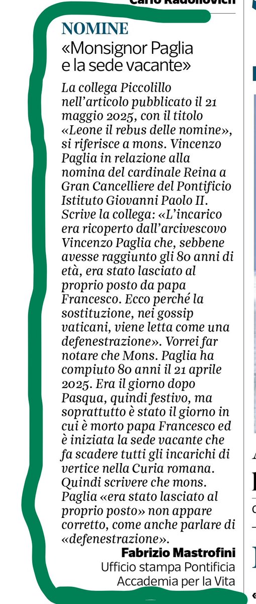 Grazie a <a href="/Corriere/">Corriere della Sera</a> <a href="/lucfontana/">Luciano  Fontana</a> <a href="/vpiccolillo/">virginia piccolillo</a> per avere pubblicato. Invece <a href="/LaVeritaWeb/">La Verità</a> non pubblica e lascia passare l'idea di una "rimozione". Diversi tipi di giornalismo e infatti "la verità" è relativa. <a href="/PontAcadLife/">Pontifical Academy Life</a>  <a href="/Pontifex/">Pope Leo XIV</a> <a href="/diocesidiroma/">Diocesi di Roma</a> <a href="/UCSCEI/">@CEI</a> <a href="/CEI_news/">CEInews</a>