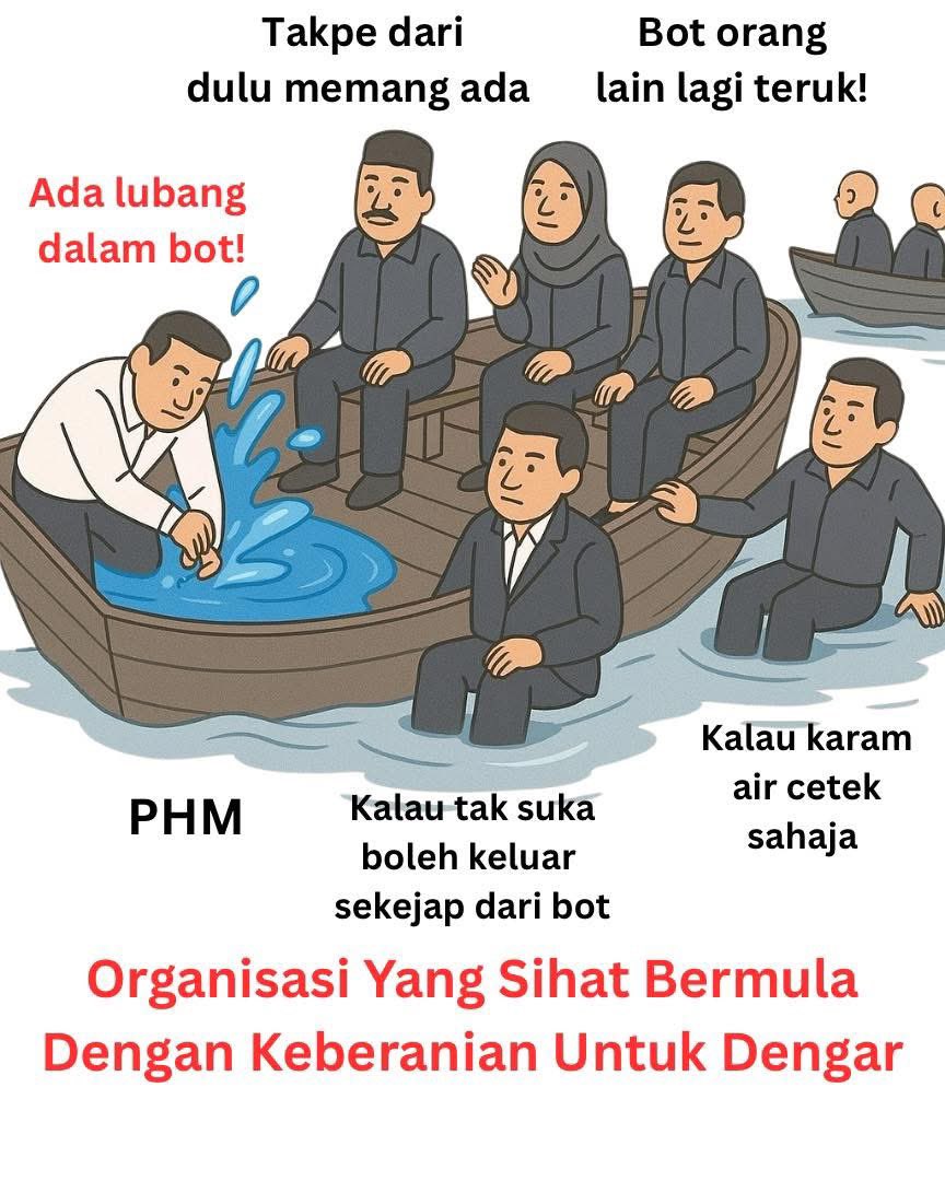 “Ada lubang dalam bot!”

Seseorang bersuara. Cemas. Air mula masuk. Dia cuba baiki.

Tapi yang lain?
Tenang.
Diam.

Ada yang jawab,
“Dari dulu pun memang dah ada.”
“Bot lain lagi teruk.”
“Kalau karam pun, air cetek je.”
“Kalau tak suka, boleh keluar sekejap.”

Thread