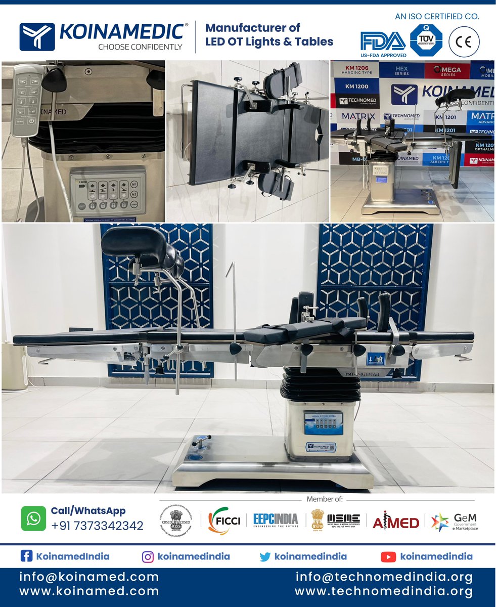 koinamedindia's tweet image. 1201 Advance EM #OTtable is made pf 304 medical grade SS and C-Arm compatible. It features central floor locking. This electric with manual override #surgicaltable comes with a remote and nurse panel. View demo:
youtu.be/dcLNm46p7oM?si…