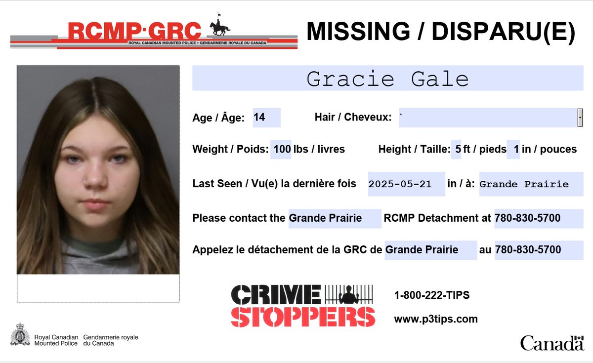 TSRGP's tweet image. Grande Prairie RCMP are requesting public assistance locating missing  youth 14-year-old Gracie Gale. Gracie was last seen on May 21, 2025 in  Grande Prairie. Police are concerned for her well being. It is believed  that she may be located in the Edmonton area. #gpab #yeg
