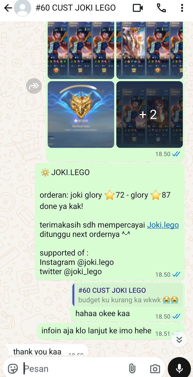 joki_lego's tweet photo. TESTIMONI JOKI LEGO #52✅

📝order : glory⭐72 - glory ⭐87
🕹️req hero/role : -

buat yang mau order jasa joki ml, joki gendong atau lainnya. bisa wa ke nomer yang dibio.

privasi aman, proses cepat.
#testijokilego https://t.co/Si97c6TBnd