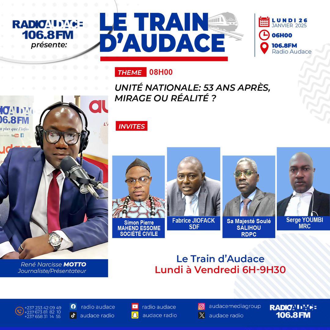 audace_radio's tweet photo. 🎙️ Ce lundi 26 janv. dès 06h sur #RadioAudace 106.8FM, Le Train d’Audace débat sur :"Unité nationale : 53 ans après, mirage ou réalité ?" 🇨🇲
Avec comme Invités : Société civile, SDF, RDPC, MRC.
#LeTrainDAudace #Cameroun #Débat https://t.co/j7KYX0mA7K