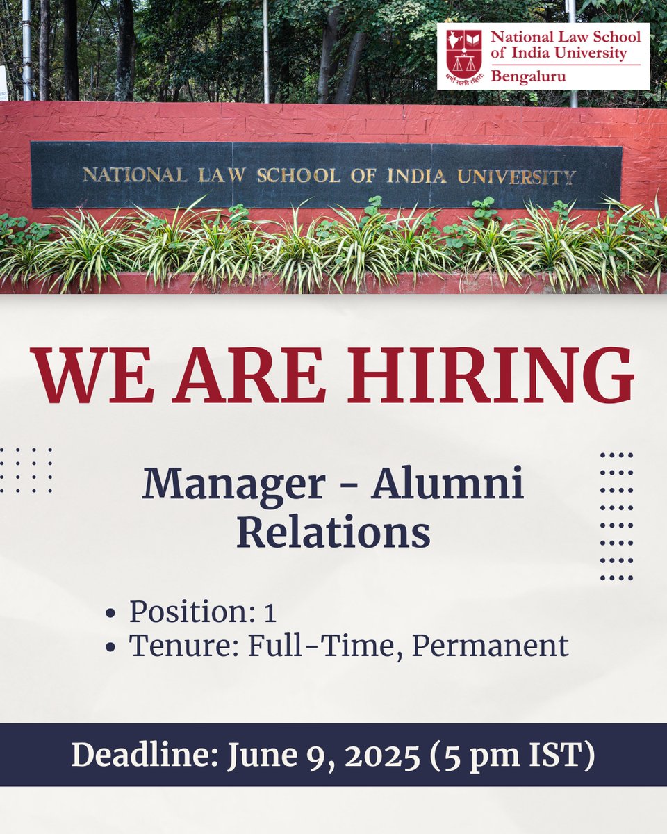 NLSIU (@nlsiuofficial) on Twitter photo #Vacancy | NLSIU invites applications for:
Job Title: Manager - Alumni Relations
Positions: 1 Application
Deadline: June 9, 2025 (5pm IST)
Learn more and apply: nls.ac.in/news-events/ca…
<a href="/anjalivarma_/">Anjali Varma</a> <a href="/justin9joseph/">Justin Joseph</a> <a href="/mrinalsatish/">Mrinal Satish</a> #Vacancy | NLSIU invites applications for:
Job Title: Manager - Alumni Relations
Positions: 1 Application
Deadline: June 9, 2025 (5pm IST)
Learn more and apply: nls.ac.in/news-events/ca…
<a href="/anjalivarma_/">Anjali Varma</a> <a href="/justin9joseph/">Justin Joseph</a> <a href="/mrinalsatish/">Mrinal Satish</a>