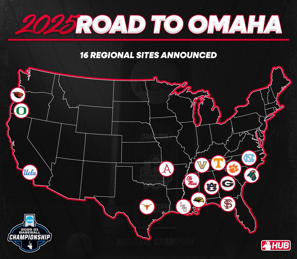 The 16 regional sites for the 2025 #RoadToOmaha

The NCAA Selection Show will take place tomorrow at Noon EST on ESPN2.