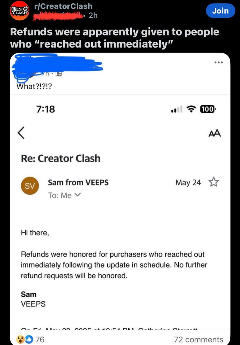 Awk20000's tweet image. Refunds for Creator Clash 3 are currently UNAVAILABLE (according to their subreddit)

“Refunds were honored for those who immediately reached out..no further refund requests will be honored”