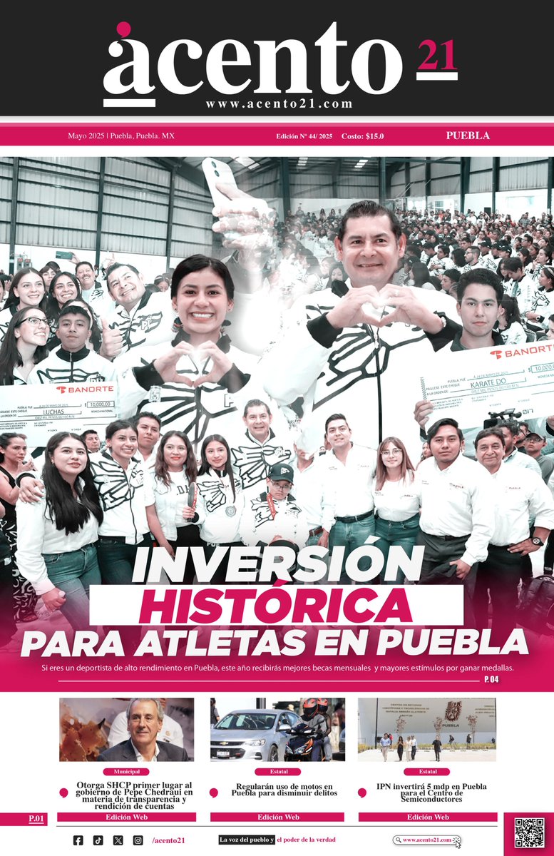 acento21_mx's tweet photo. #Portada 🌟 | Esta semana en #Acento21:  

𝑰𝙣𝒗𝙚𝒓𝙨𝒊𝙤́𝒏 𝒉𝙞𝒔𝙩𝒐𝒓𝙞𝒄𝙖 𝒑𝙖𝒓𝙖 𝙖𝒕𝙡𝒆𝙩𝒂𝙨 𝙚𝒏 𝑷𝙪𝒆𝙗𝒍𝙖  

El gobernador @armentapuebla_ 🏅 anunció una inversión histórica para el deporte en Puebla, incrementando becas y estímulos para atletas de alto rendimiento.  
Afirmó que estos cambios buscan "justicia deportiva" para los héroes que ponen en alto el nombre de Puebla.  

🔗 Lee la nota completa: https://t.co/lsxF8DYnl4

𝙊𝒕𝙤𝒓𝙜𝒂 𝑺𝙃𝑪𝙋 𝙥𝒓𝙞𝒎𝙚𝒓 𝒍𝙪𝒈𝙖𝒓 𝒂𝙡 𝙜𝒐𝙗𝒊𝙚𝒓𝙣𝒐 𝒅𝙚 𝙋𝒆𝙥𝒆 𝑪𝙝𝒆𝙙𝒓𝙖𝒖𝙞  

El municipio de Puebla, liderado por @pepechedrauimx 🏛️, obtuvo el primer lugar nacional en transparencia y rendición de cuentas al alcanzar 100% de cumplimiento, según la SHCP.  

🔗 Lee la nota completa: https://t.co/J6raatGkKs 

𝙍𝒆𝙜𝒖𝙡𝒂𝙧𝙖́𝒏 𝙪𝒔𝙤 𝒅𝙚 𝙢𝒐𝙩𝒐𝙨 𝒆𝙣 𝙋𝒖𝙚𝒃𝙡𝒂  

El @Gob_Puebla 🚨 anunció una iniciativa para regular el uso de motocicletas y combatir delitos, incluyendo identificación con placas en cascos y chalecos.  

🔗 Lee la nota completa: https://t.co/GgQIQ7llTr  

𝑰𝙋𝑵 𝒊𝙣𝒗𝙚𝒓𝙩𝒊𝙧𝒂́ 5 𝒎𝙙𝒑 𝒆𝙣 𝙋𝒖𝙚𝒃𝙡𝒂  

El @IPN_MX 💻 invertirá 5 millones de pesos en el Centro de Semiconductores, colaborando con @BUAPoficial y @inaoe_mx para impulsar tecnología en México. 

🔗 Lee la nota completa: https://t.co/Hr3HBxepPv

¡No te pierdas nuestra edición! 📰  
Visítanos en https://t.co/zyqTsaKnBU  
#Noticias #Actualidad #ÚltimaHora 🚀