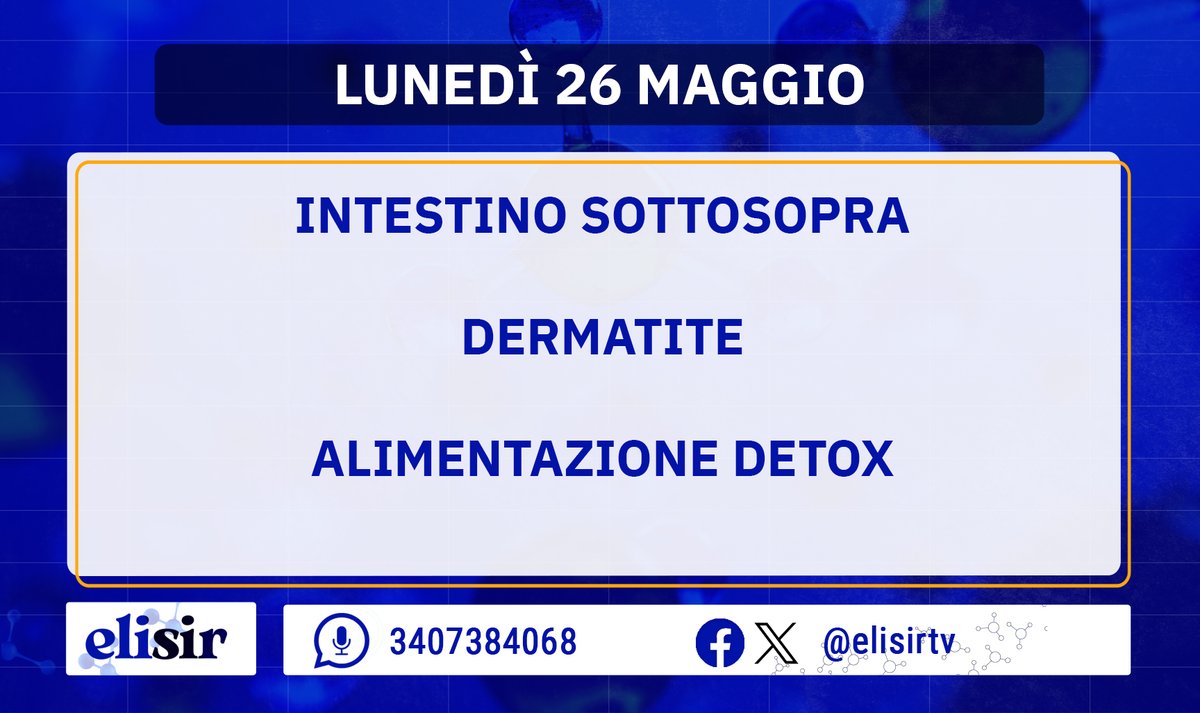 Buongiorno amiche e amici di #Elisir, buon lunedì! Michele, Benedetta e Francesca vi aspettano per una nuova puntata. Oggi parleremo di cure per l'intestino sottosopra, ci occuperemo di dermatiti e cercheremo di fare chiarezza sulle diete disintossicanti.