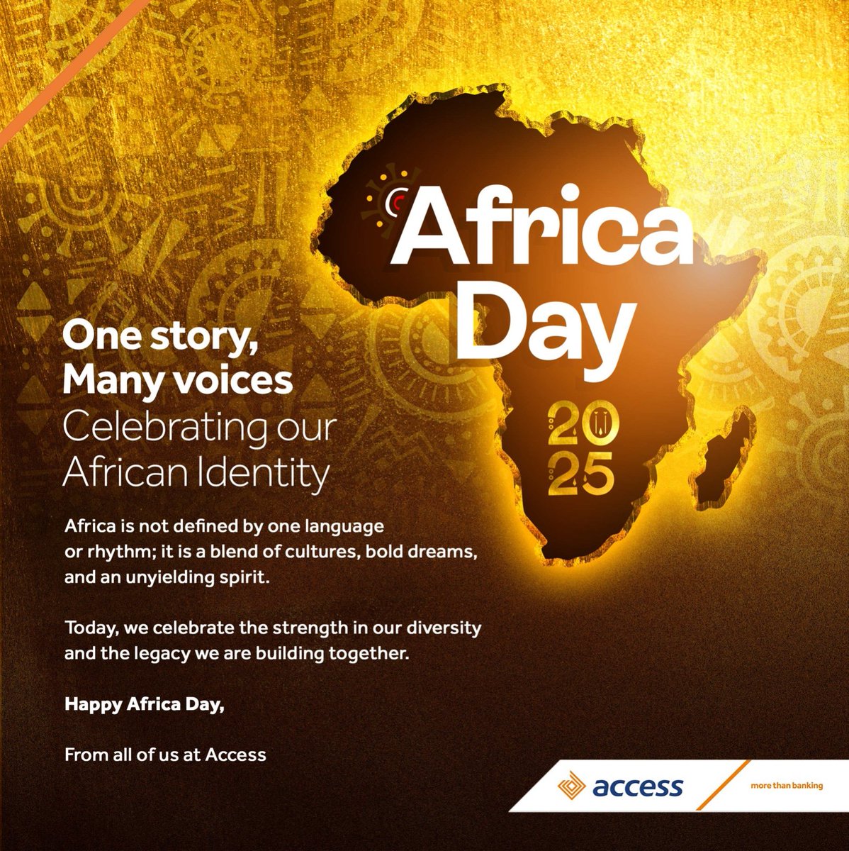 With many voices, we tell one story;one rooted in identity, resilience, and shared dreams

Across languages , culture, and bold ideas, we celebrate what connects us: the strength of being African

Happy Africa Day

#AfricaDay2025
#AccessBank
#OneStoryManyVoices