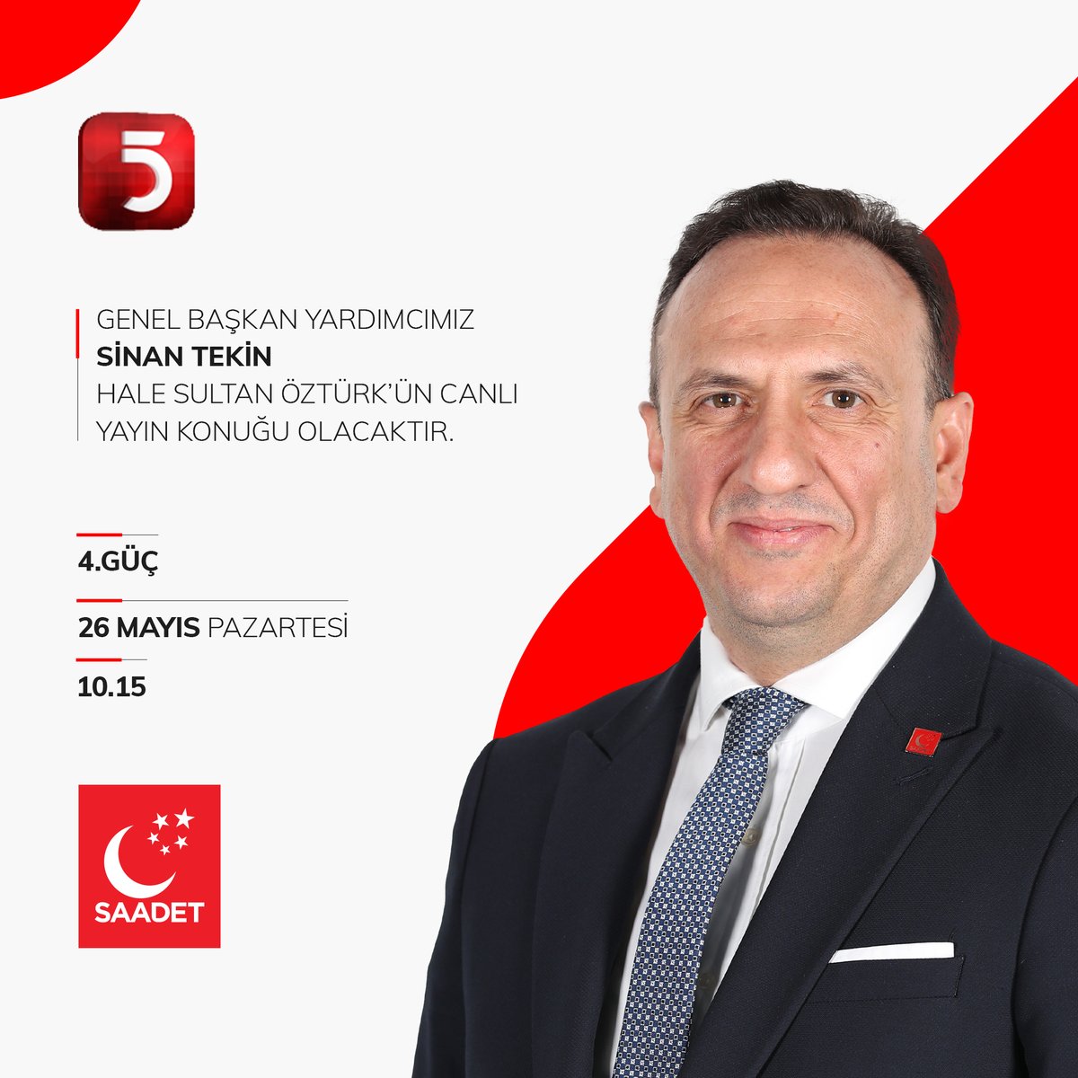 Genel Başkan Yardımcımız Sinan Tekin, ‘4. Güç’ programında Hale Sultan Öztürk'ün canlı yayın konuğu olacaktır.

🗓 26 Mayıs Pazartesi (Bugün)
🕰 10.15
📡 TV 5