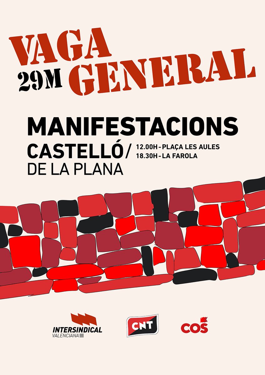 #VagaGeneral29M a Castelló 

▪️Piquet-Manifestació a les 12h
▪️Manifestació multitudinària a les 18:30h

PAREM-HO TOT‼️