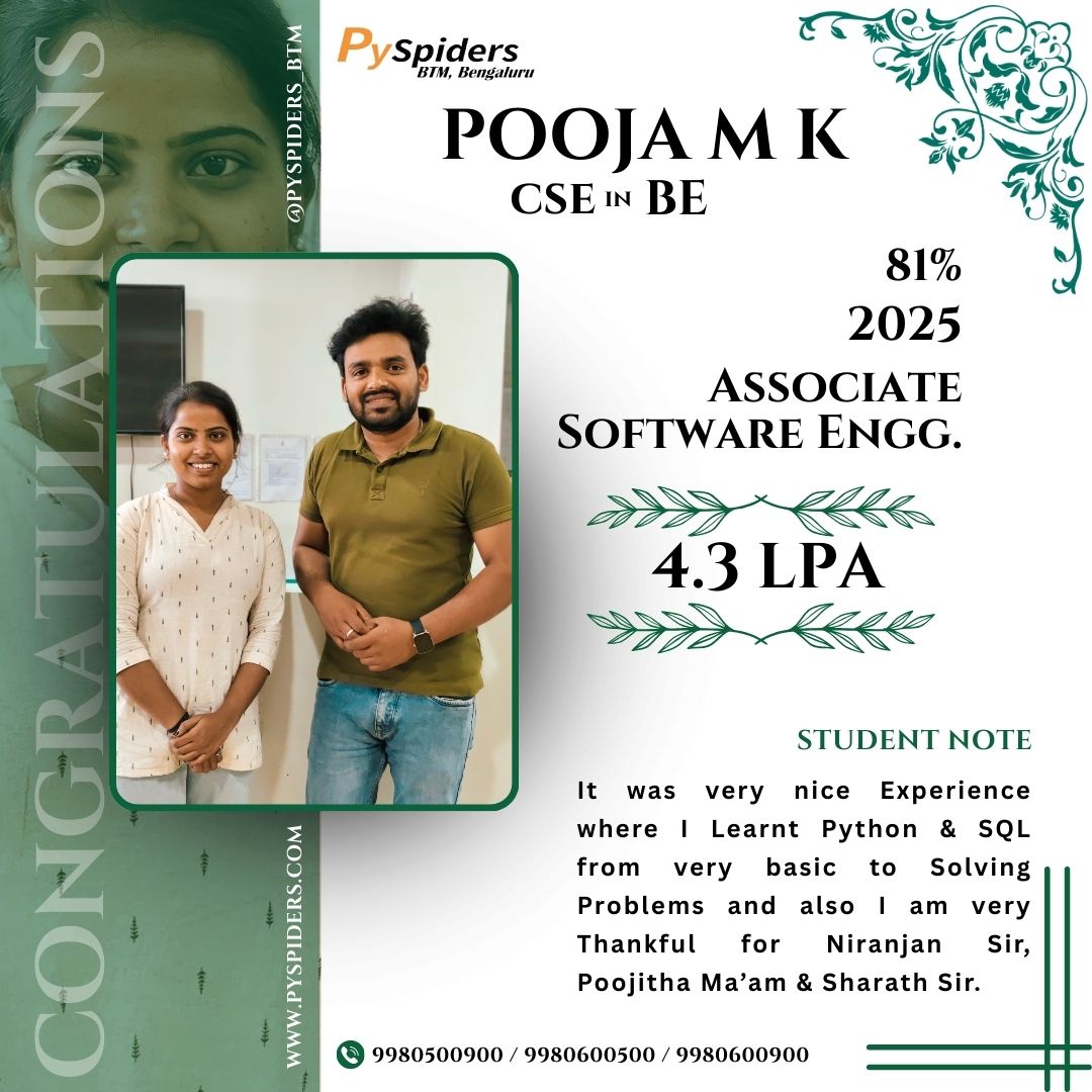 QSpiders_BTM_'s tweet photo. big congratulations to Pooja M K for securing an incredible opportunity as an Associate Software Engineer with a fantastic salary package of 4.3 LPA! 🎉💼 Coming from Bangalore Technology Institute, Pooja's dedication, hard work, and passion for technology truly paid off. https://t.co/g4KzDW8YFs