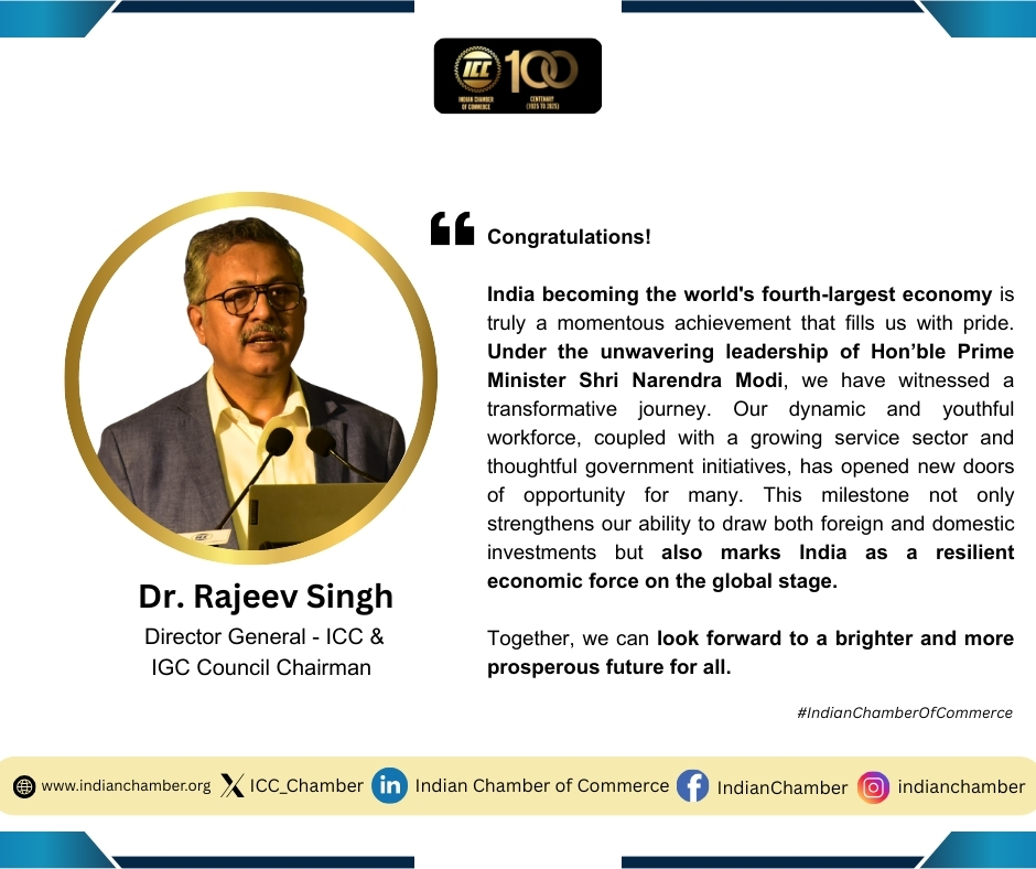 Indian Chamber of Commerce (@icc_chamber) on Twitter photo Dr. Rajeev Singh, Director General - ICC, shares his insights on India becoming the world's fourth-largest economy.
#IndianChamberOfCommerce #IndianEconomy #ViksitBharat
<a href="/PMOIndia/">PMO India</a> | <a href="/PiyushGoyal/">Piyush Goyal</a> | <a href="/CimGOI/">Minister of Commerce and Industry</a> | <a href="/rajeevstyagi/">Dr. Rajeev Singh</a> Dr. Rajeev Singh, Director General - ICC, shares his insights on India becoming the world's fourth-largest economy.
#IndianChamberOfCommerce #IndianEconomy #ViksitBharat
<a href="/PMOIndia/">PMO India</a> | <a href="/PiyushGoyal/">Piyush Goyal</a> | <a href="/CimGOI/">Minister of Commerce and Industry</a> | <a href="/rajeevstyagi/">Dr. Rajeev Singh</a>