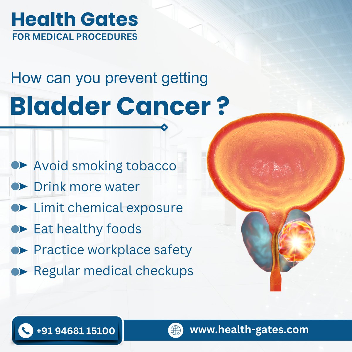 HealthGateindia's tweet photo. 𝐇𝐨𝐰 𝐭𝐨 𝐑𝐞𝐝𝐮𝐜𝐞 𝐘𝐨𝐮𝐫 𝐑𝐢𝐬𝐤 𝐨𝐟 𝐁𝐥𝐚𝐝𝐝𝐞𝐫 𝐂𝐚𝐧𝐜𝐞𝐫?
Bladder cancer can be life-threatening, but there are steps you can take to reduce your risk.
 Contact us: +91 94681 15100
Visit: https://t.co/BO6K3hKx7Y
#BladderCancerAwareness #HealthTips https://t.co/yiJIKFvDx4