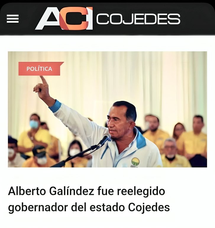 El Consejo Nacional Electoral de Venezuela (CNE) informó que, Alberto Galíndez fue reelegido como gobernador del estado Cojedes para el periodo 2026-2030, con un 55.22% de los votos.

Votos obtenidos por Alberto Galíndez: 70.091.

Primer boletín. Tendencia irreversible.