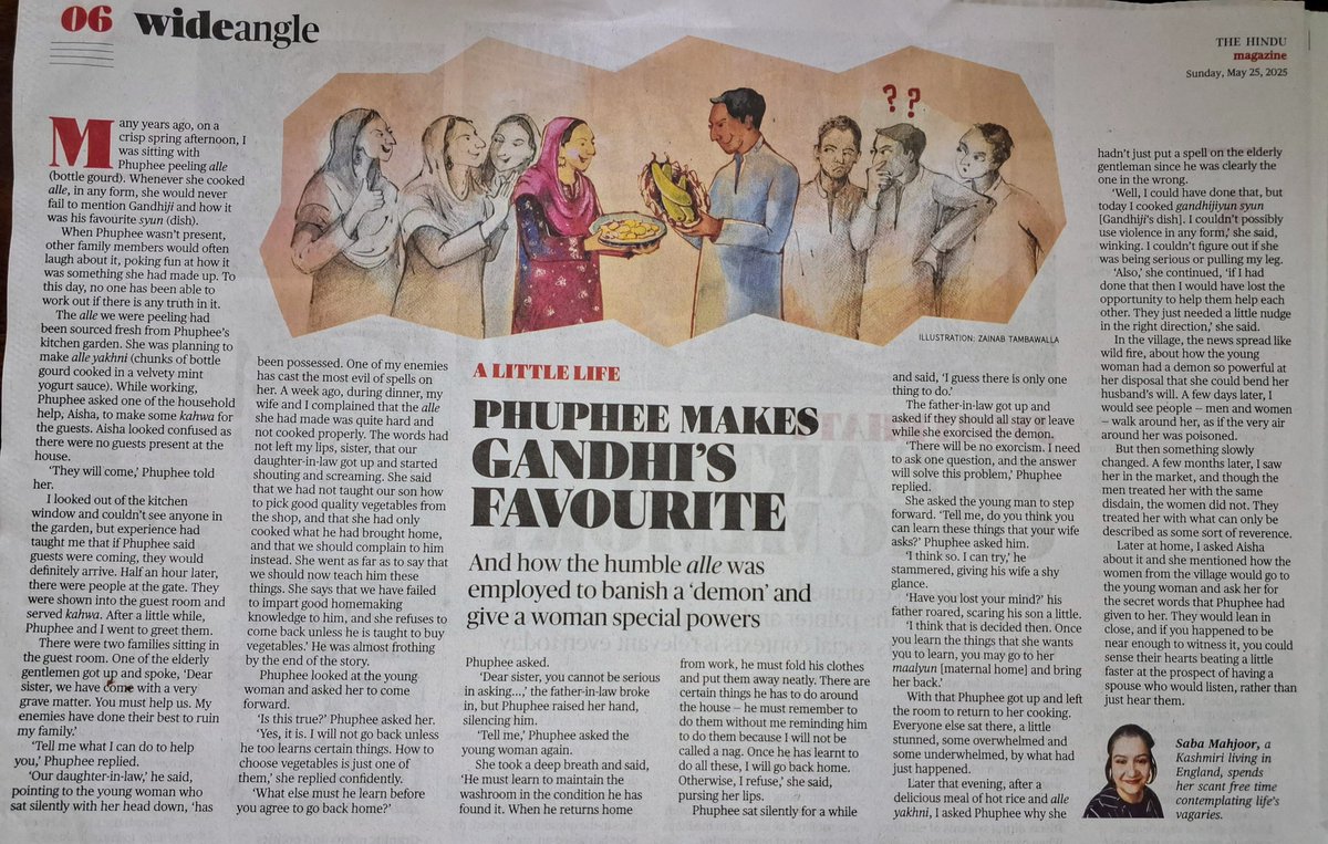 A collection of Phupee's short stories would make a great read for every eligible bachelor. 👍
Btw, wonder whether Gandhiji had ever gone to Kashmir &amp; whether he had &amp; currently has any relevance in Kashmiri people <a href="/SabaMahjoor/">Saba Mahjoor</a> 
<a href="/the_hindu/">The Hindu</a>