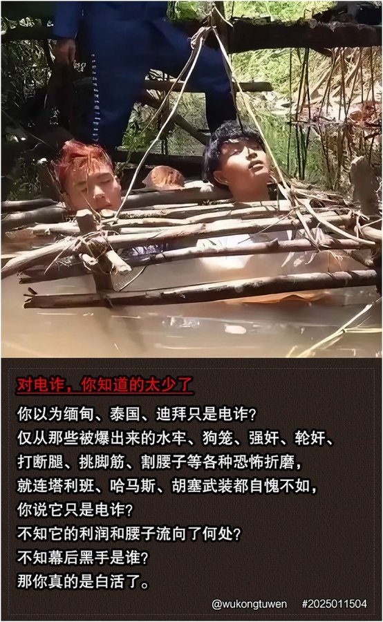 你以为缅甸、泰国、迪拜只是电诈？ 
  仅从那些被爆出来的水牢、狗笼、强奸、轮奸、  打断腿、挑脚筋、割腰子等各种恐怖折磨，  就连塔利班、哈马斯、胡塞武装都自愧不如，  你说它只是电诈？  不知它的利润和腰子流向了何处？  不知幕后黑手是谁？  那你真的是白活了。
