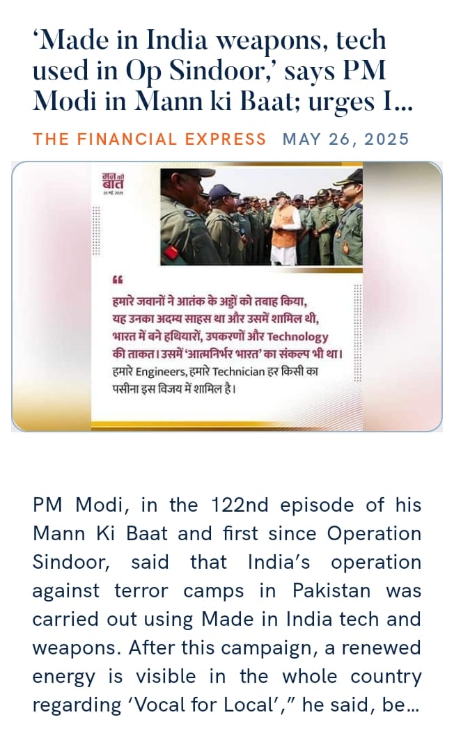 ‘Made in India weapons, tech used in Op Sindoor,’ says PM Modi in Mann ki Baat; urges Indians to go ‘Vocal for Local’
financialexpress.com/india-news/mad… 

via NaMo App