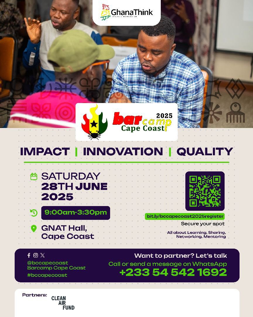 Barcamp Cape Coast is here again 
Date: Saturday, June 28, 2025
Venue: GNAT Hall, close to Cape Coast Technical University (CCTU) 
Rate: Free 
Register here
bit.ly/bccapecoast202…
Get a branded <a href="/BcCapeCoast/">#Barcamp #CapeCoast</a> 2025 T-Shirt for GH¢60 here forms.gle/JSM26WARmCP3KP…
#bccapecoast