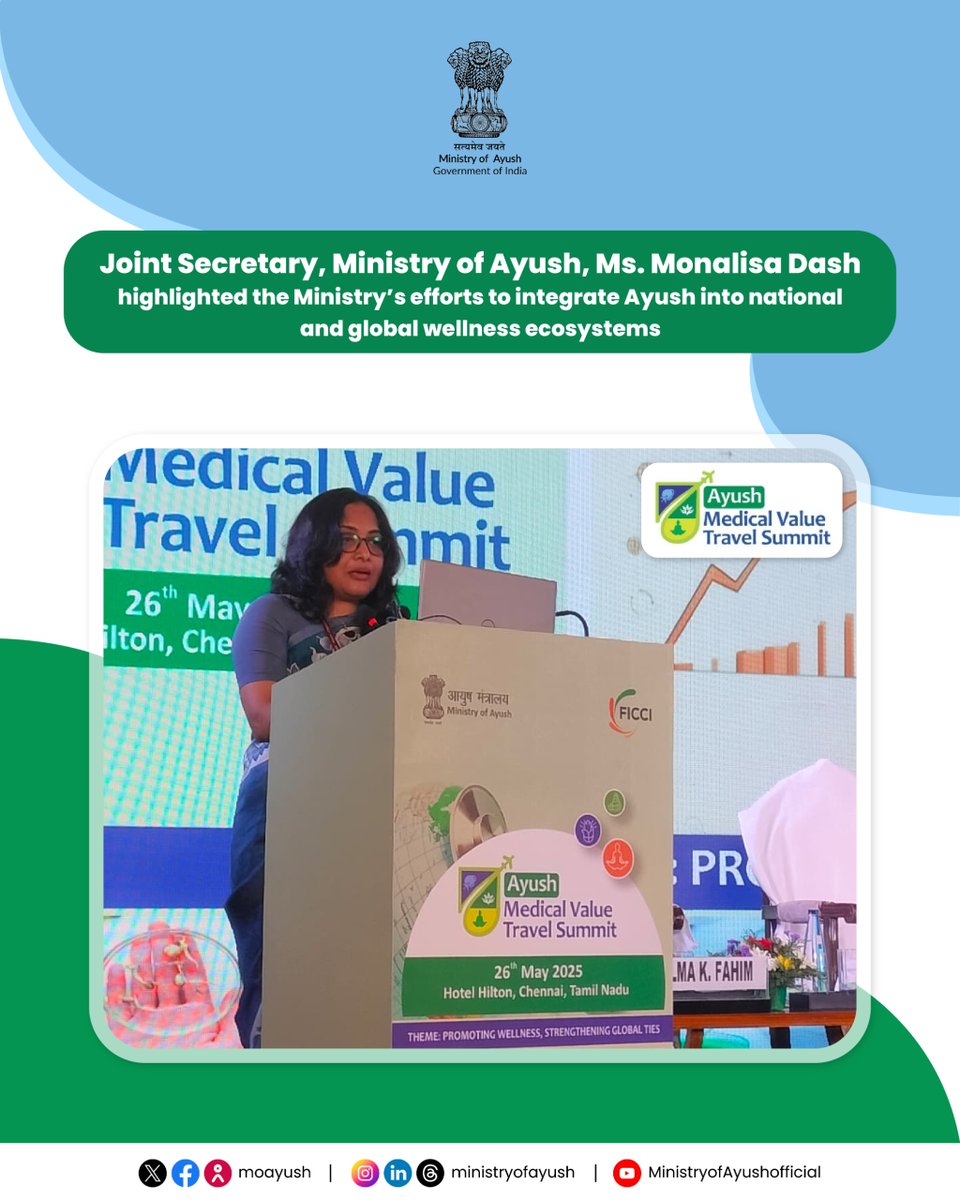 moayush's tweet photo. "Bridging Tradition with Global Wellness!"
At the Medical Value Travel Summit 2025, Ms. Monalisa Dash, Joint Secretary, Ministry of Ayush, shared the Ministry’s bold vision to integrate Ayush systems into global health and wellness frameworks.  (1/3) https://t.co/kHWmsIIgsH