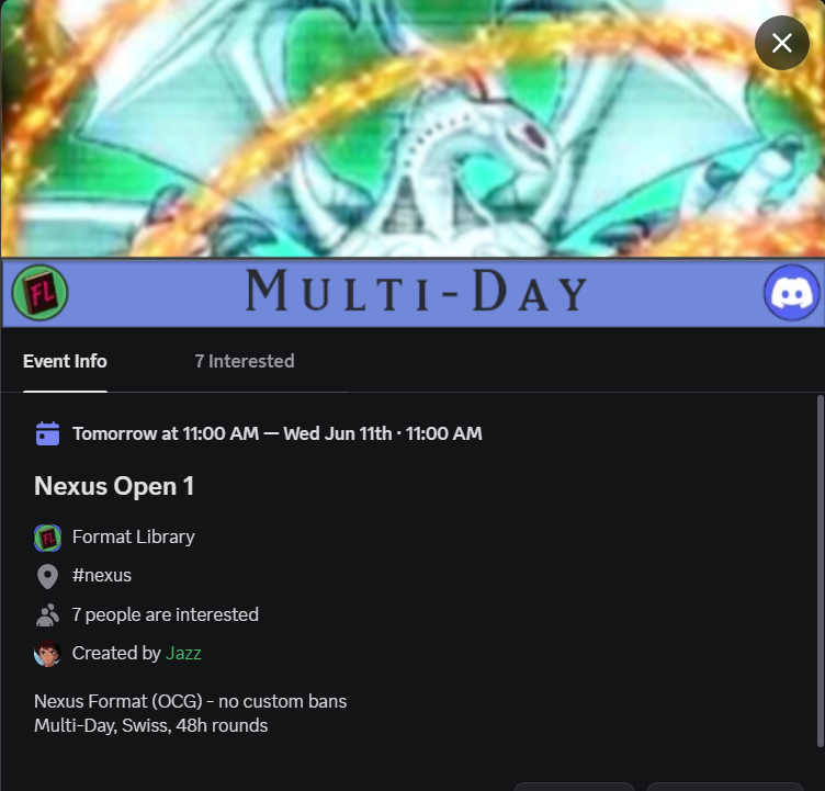 handshuffling's tweet photo. Format Library's first 1103 tournament, Nexus Open 1 is starting Monday at 11:00 AM PDT, so that leaves around 12 hours from the time of this post for registration.

48hr rounds Swiss with Ultimate Offering at 3.
Played on DuelingBook. https://t.co/N0yWUkVTfr