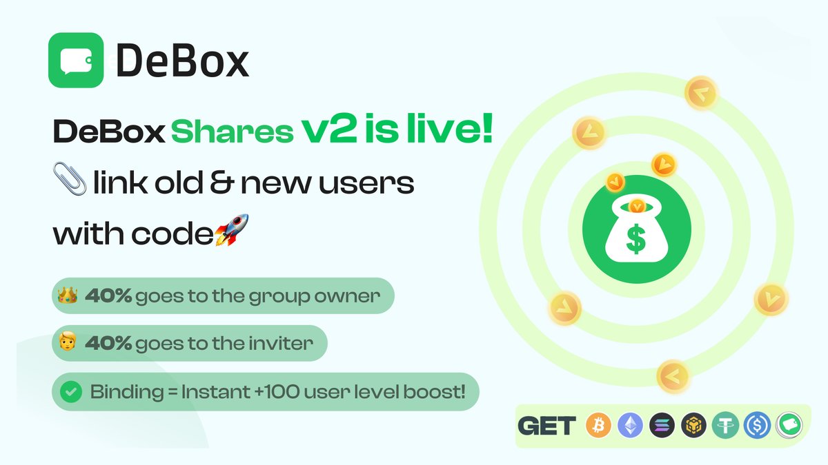 📢 Shares v2 is live — with rewards!

🚀 New revenue sharing:
👑 40% to the group owner
🧑 40% to the inviter

📎 Bind with an invite code now — link old &amp; new users
🎁 Get +100 user level instantly!

🎉 BONUS:
Post a screenshot of your binding + comment with your address
💸