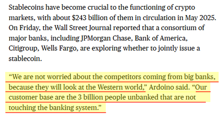 TheOneandOmsy's tweet photo. Tether not particularly worried about the big banks entering the stablecoin arena

Paraphrasing Paulo's quote below: banks will focus on the Western world, while Tether is focused on the unbanked

Stepping Back:
- World Bank estimates ~1.4B adults unbanked
- Tether currently has ~20M monthly active users
- At 10% the unbanked population, that's ~140M MAU (7x current users)
- At current USDT market cap ($156B), modest penetration implies (w/ heavy assumptions) a $1t+ asset base 
- Purely illustrative math, but highlights that when swim-lanes emerge post regulation, there'll be clear vectors for growth that each issuer will lean into. And Tether isn't worried because their target market is large, underserved, and lucrative if penetrated

Misc:
- 10% is a big assumption. And a number of secondary factors (i.e. avg bal /user) would need to hold true for the implied USDT o/s math
- Seen conflicting numbers on unbanked globally - using 1.4b World Bank estimate (vs. 3b in the article)
- H/t @artemis for the Tether data