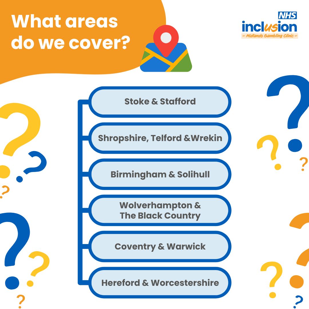 We cover the whole of the West Midlands!

If you are feeling harmed by gambling, you are 18 or over, and you are registered with a GP in one of these areas, we can help you.

Fill in the quick self-referral form below and we will be in touch:

orlo.uk/5IJnU