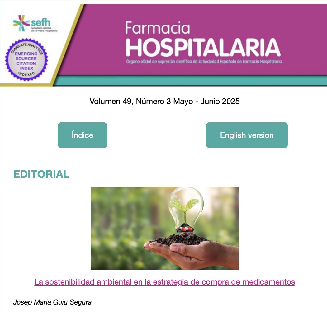 🆕 Ya disponible el nuevo número de la #RevistaFarmaciaHospitalaria (Vol. 49, nº 3 mayo-junio 2025): sostenibilidad ambiental, medicamentos pediátricos de alto riesgo, UCI, adherencia, terapias inhaladas y más.

Descubre la newsletter 👉 mailchi.mp/sefh/revista-f…