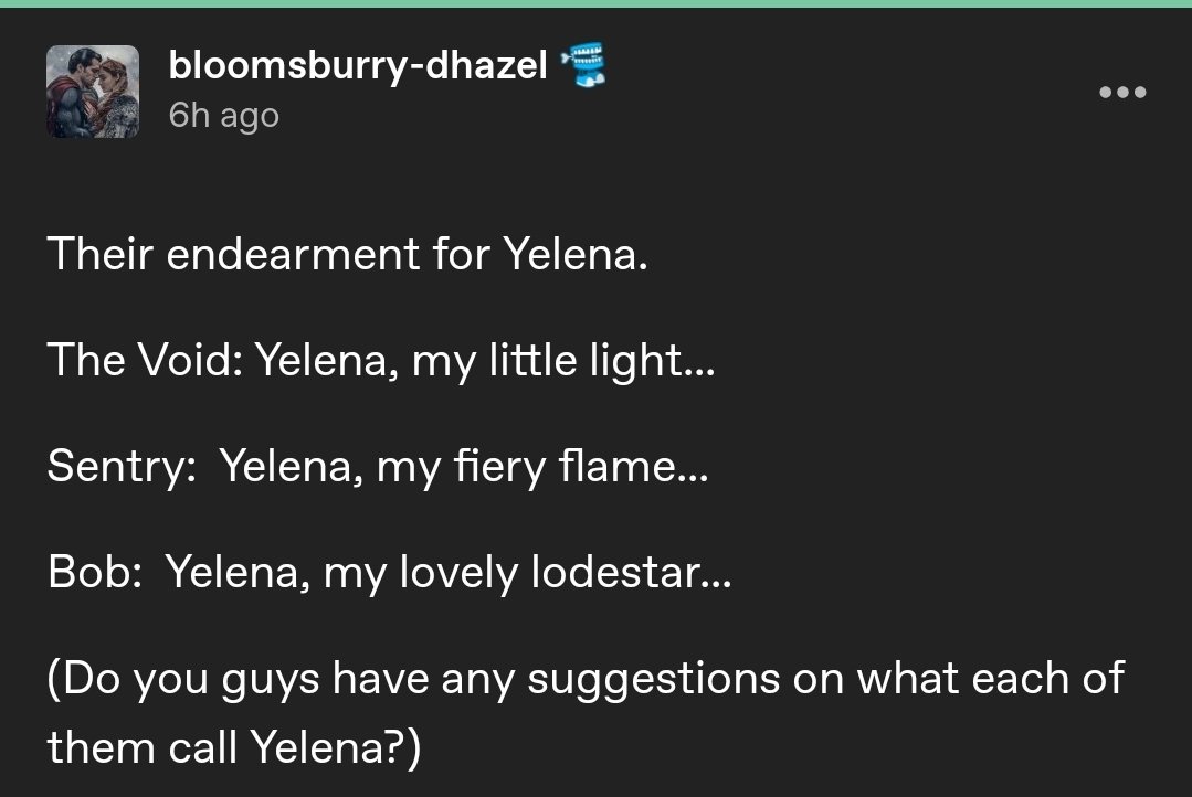 Their endearment for Yelena. #boblena #Thunderbolts #newavengers #bobxyelena #sentrylight #voidlena #BobReynolds #YelenaBelova #Sentry #thevoid #voidlight