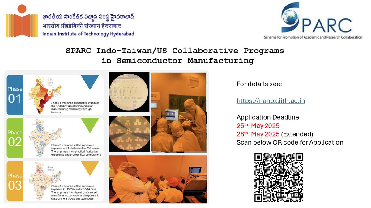IIT Hyderabad (@iithyderabad) on Twitter photo <a href="/IITHyderabad/">IIT Hyderabad</a> invites applications for round 3 of Indo-Taiwan/US Collaborative Programs in Semiconductor Manufacturing.
Application Deadline is extended to 28th May, 2025
For more details, Visit nanox.iith.ac.in <a href="/IITHyderabad/">IIT Hyderabad</a> invites applications for round 3 of Indo-Taiwan/US Collaborative Programs in Semiconductor Manufacturing.
Application Deadline is extended to 28th May, 2025
For more details, Visit nanox.iith.ac.in