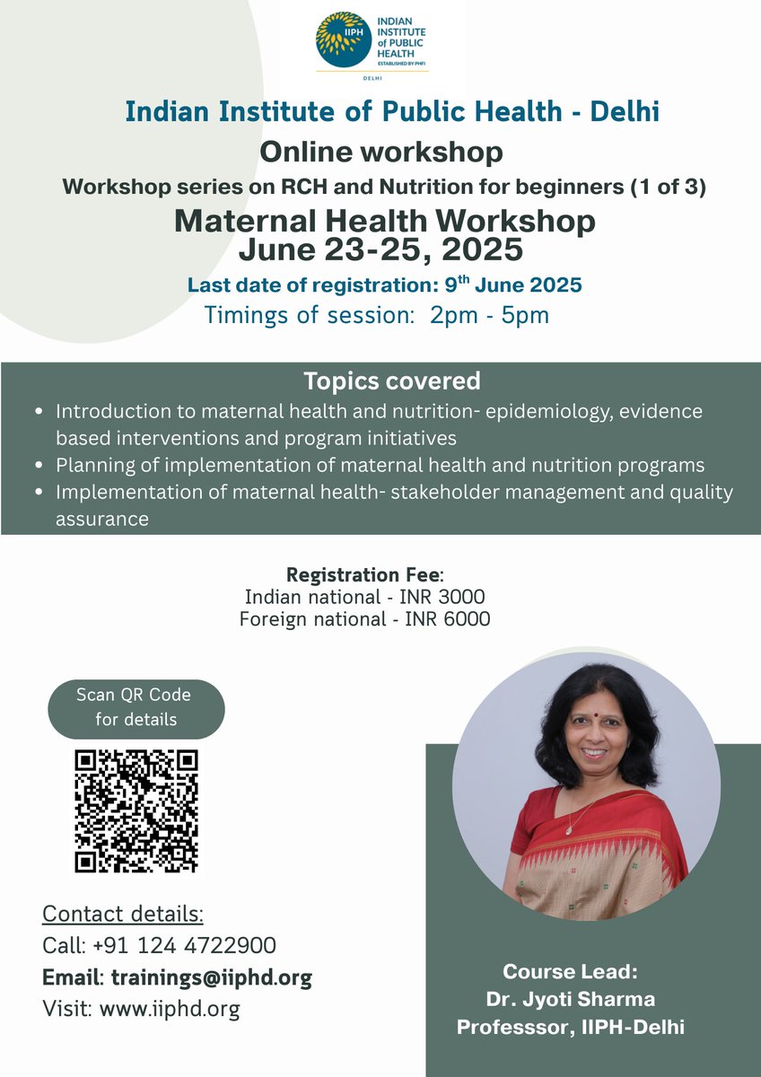Indian Institute of Public Health-Delhi (@iiphdelhi) on Twitter photo š¢ Online workshop onĀ āRCH and Nutrition for beginners- Maternal Health Workshop", June 23-25, 2025 by Dr. Jyoti Sharma
Last date of registration: 9th June 2025
For queries, contact: Ā trainings@iiphd.orgĀ orĀ Ā Call: +91 124 4722900
Click here to apply Ā iiphd.org/application-fo⦠š¢ Online workshop onĀ āRCH and Nutrition for beginners- Maternal Health Workshop", June 23-25, 2025 by Dr. Jyoti Sharma
Last date of registration: 9th June 2025
For queries, contact: Ā trainings@iiphd.orgĀ orĀ Ā Call: +91 124 4722900
Click here to apply Ā iiphd.org/application-foā¦