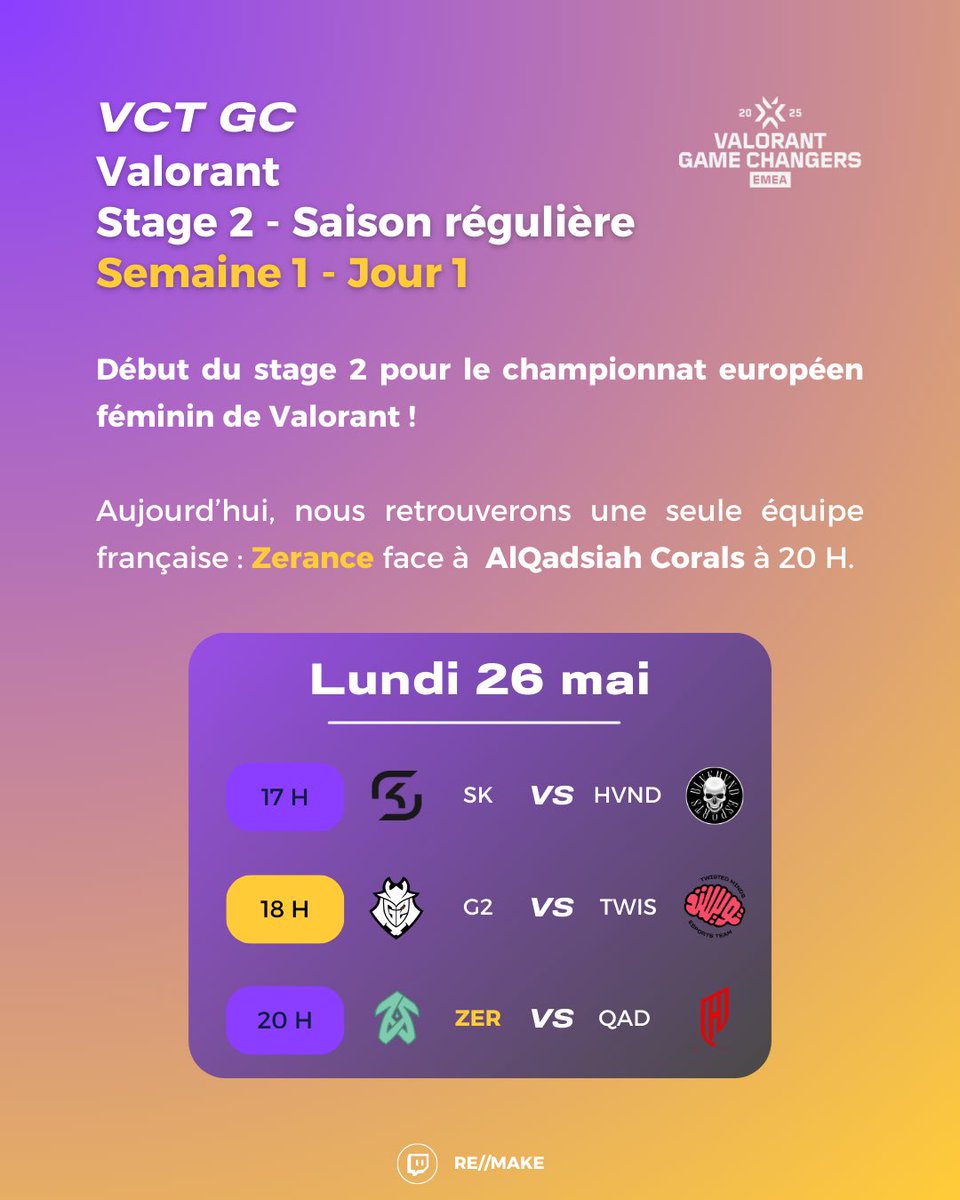 Le calendrier esport du lundi 26 mai ! 🙌🏻

💠 Valorant - Game Changers : Début du stage 2 des Valorant Game Changers ce soir ! Nous retrouverons <a href="/ZerancePartout/">Zerance</a>  face à Al Qadsiah à 20H en BO3. 

#valorant #valorantgamechangers #zerance #Zerancepartout