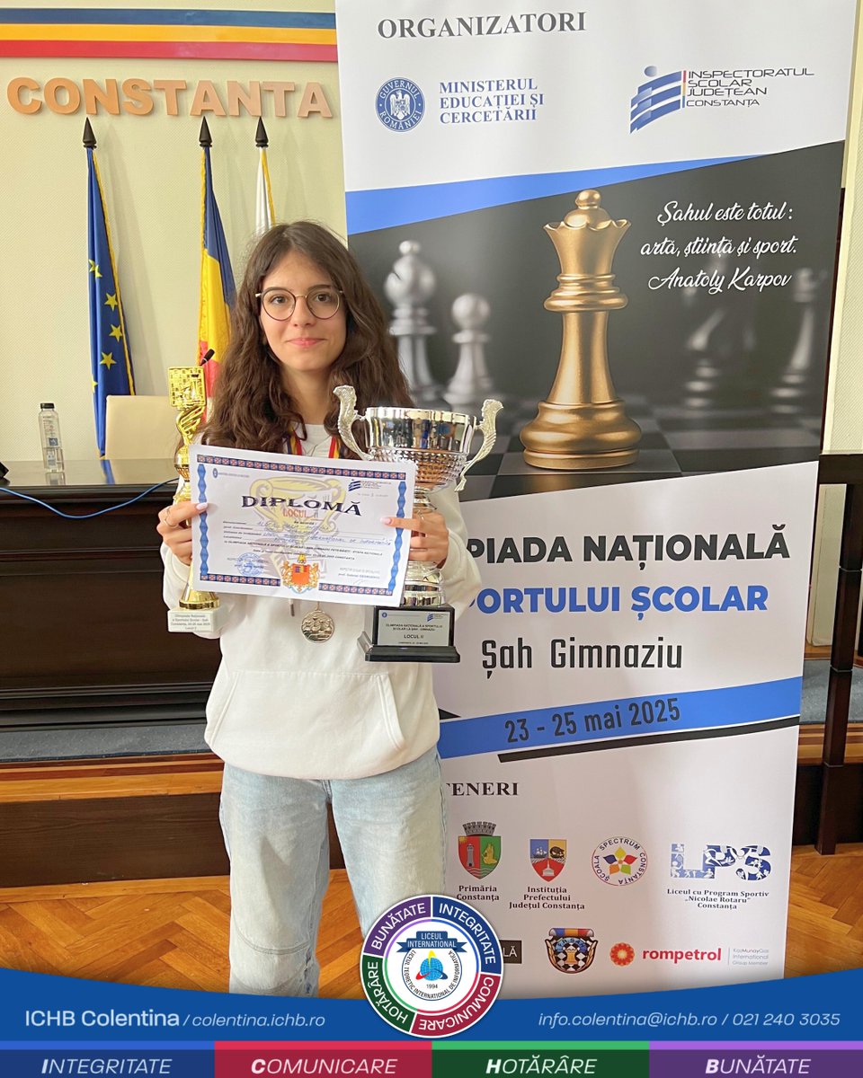 ICHBColentina's tweet photo. Ieri, ♟Maria Aldea a devenit vicecampioană națională.
Un joc al minții, unde fiecare mutare contează.
Maria Aldea, elevă în clasa a VIII-a M, a demonstrat că nu întotdeauna câștigă cine atacă primul, ci cel care gândește profund. https://t.co/gpsA16SX5U
