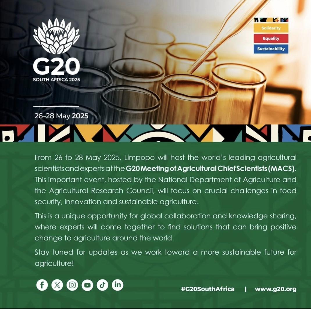 ARCSouthAfrica's tweet photo. The day we have been working towards is finally here. South Africa proudly welcomes the world’s top agricultural minds for the G20 Meeting of Agricultural Chief Scientists. Let the conversations that shape our future begin.
#G20MACS #G20SouthAfrica #ScienceForFoodSecurity https://t.co/1FeYXYlDti