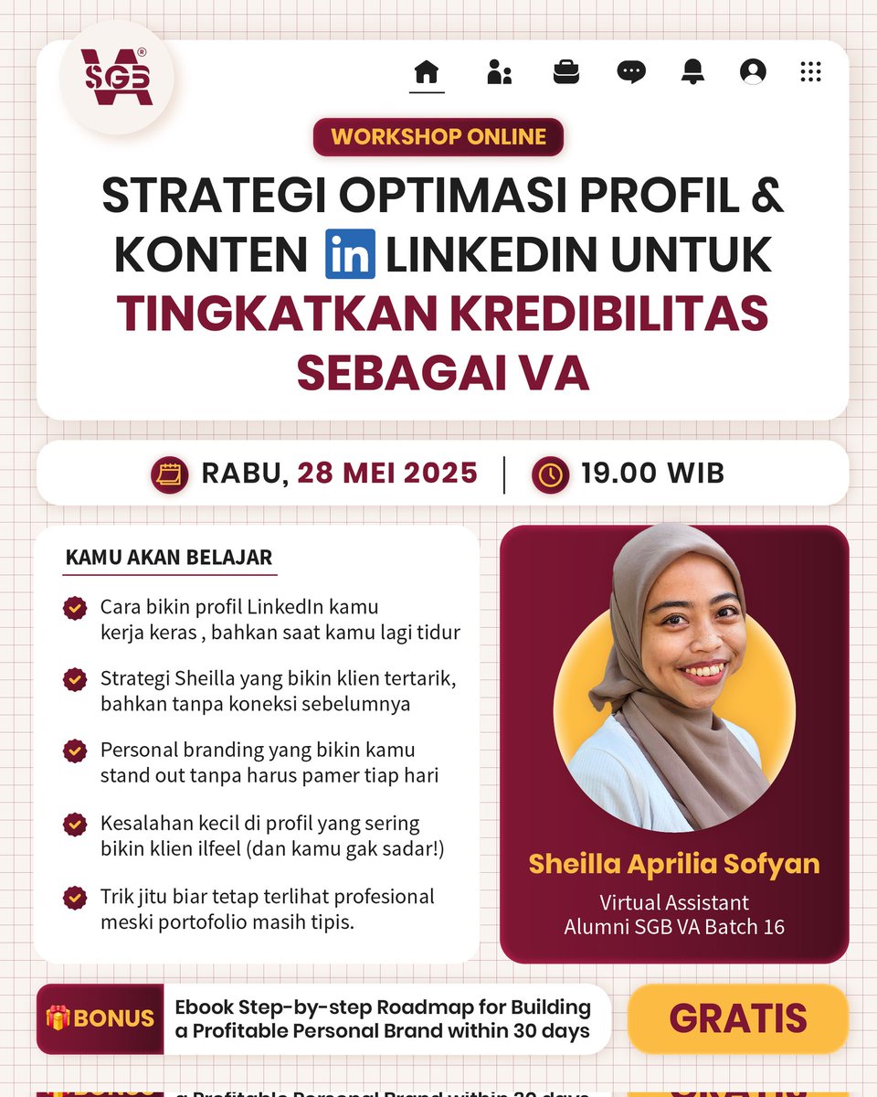 Bedah strategi dapet kerja remote dari LinkedIn yuk! 

✅ Personal branding yang stand out
✅ Kesalahan di profil LinkedIn yang kamu gak sadar
✅Tips biar terlihat profesional meskipun portfolio masih tipis

Daftar workshop-nya sekarang, GRATIS! 👇
🔗 link.sgbva.com/sgbvax_ws