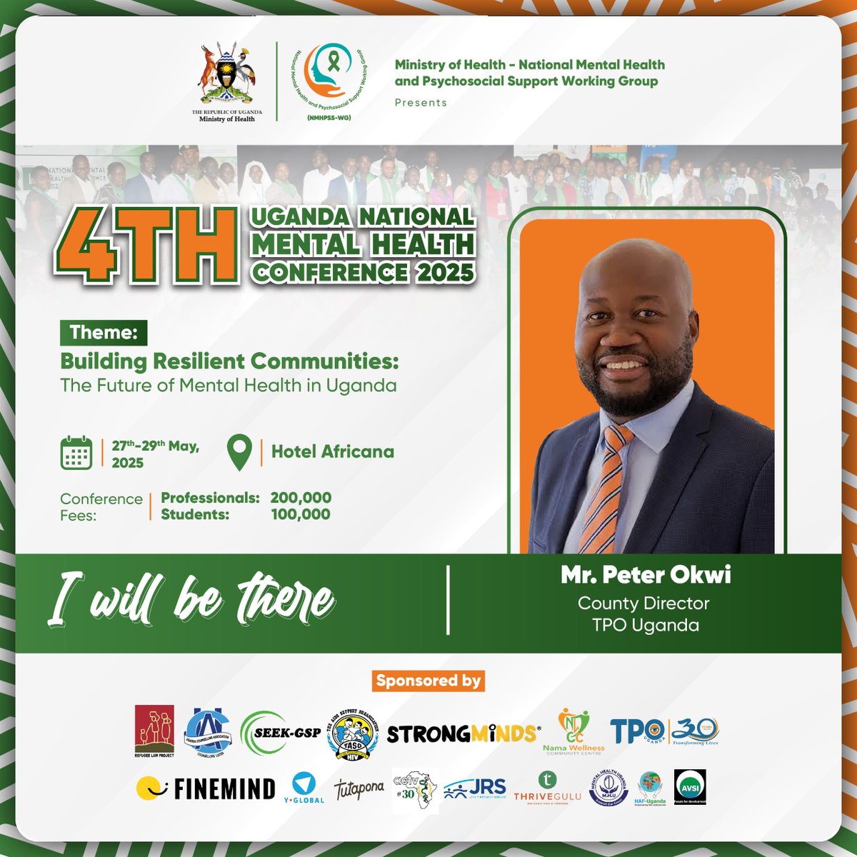 🎗️💚 <a href="/TpoUg/">TPO Uganda</a> at #4thUgandaNationalMentalHealthConference2025!
Our Country Director, #PeterOkwi, will be attending this key event from May 27–29, 2025 at <a href="/HotelAfricana/">Hotel Africana</a> under the theme: “Building Resilient Communities: The Future of Mental Health in Uganda,” 
#MentalHealthAwareness