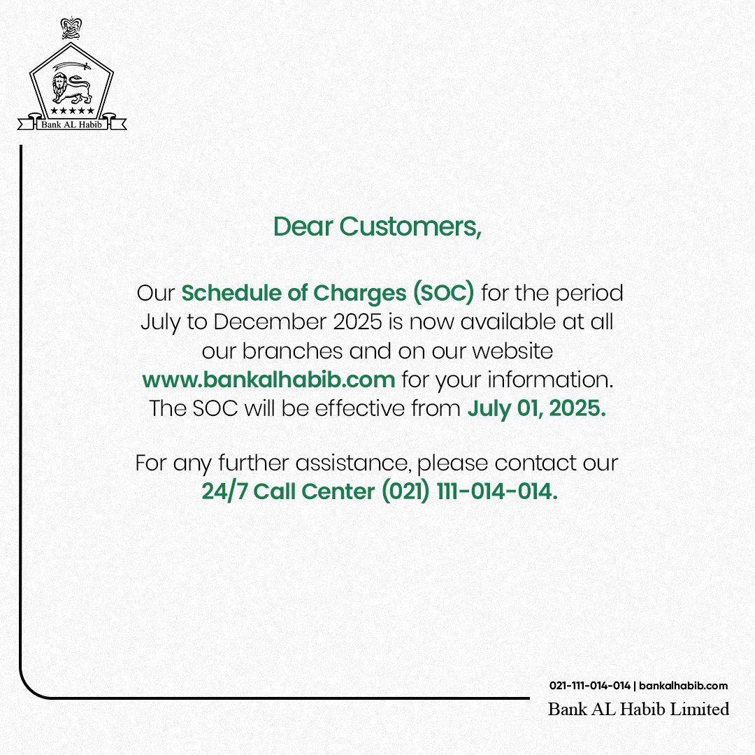 Important Announcement!

For any queries, simply inbox us or visit our website bankalhabib.com/schedule-of-ch…

You can also call us on (021) 111-014-014

#ScheduleOfCharges #BankALHabib #RishtaBharosayKa