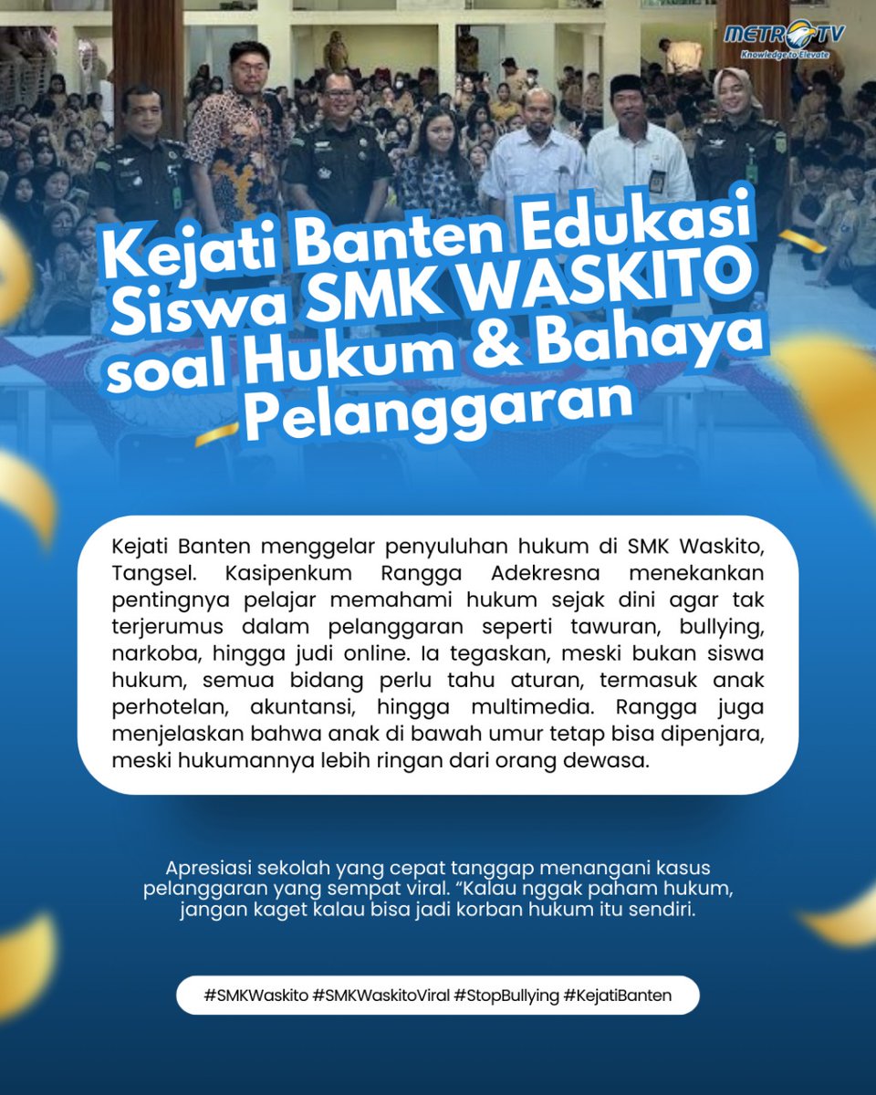 DebbieNasta's tweet photo. Kejati Banten hadir di SMK Waskito untuk membekali siswa dengan pemahaman hukum sejak dini. Edukasi ini penting supaya generasi muda terhindar dari pelanggaran hukum dan bullying.

#SMKWaskito #smkwaskitoviral #StopBullying #KejatiBanten q https://t.co/QXWwm7xmk8